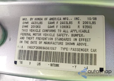 2009 Honda Accord 2.4 Ex-L from USA, damaged, VIN 1HGCP26869A041047